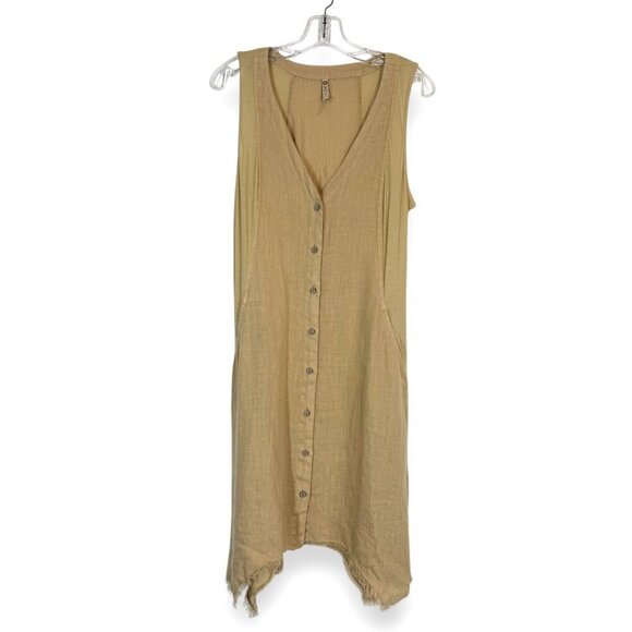 Linen Dress Gold Neutral Tan Lagenlook Pockets Button Front Beachy Small - Picture 14 of 14